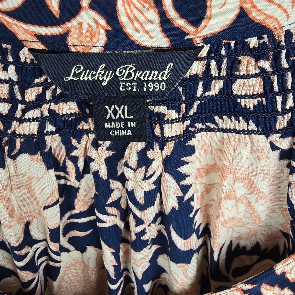 Lucky Brand Puff Sleeve Floral Navy and Peach Women's Shirt Sz XXL - Picture 2 of 8